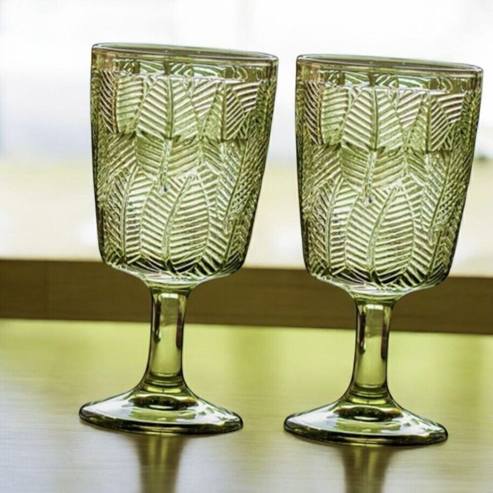 Wine Glass Beverage Tumblers Retro Cocktail Green Leaf Set Of 2